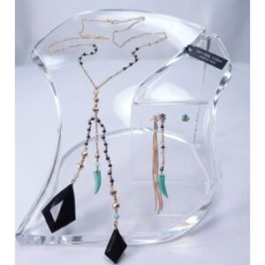 Banana Republic Feather Horn Necklace Earrings Set NWT 145 Black Gold Teal